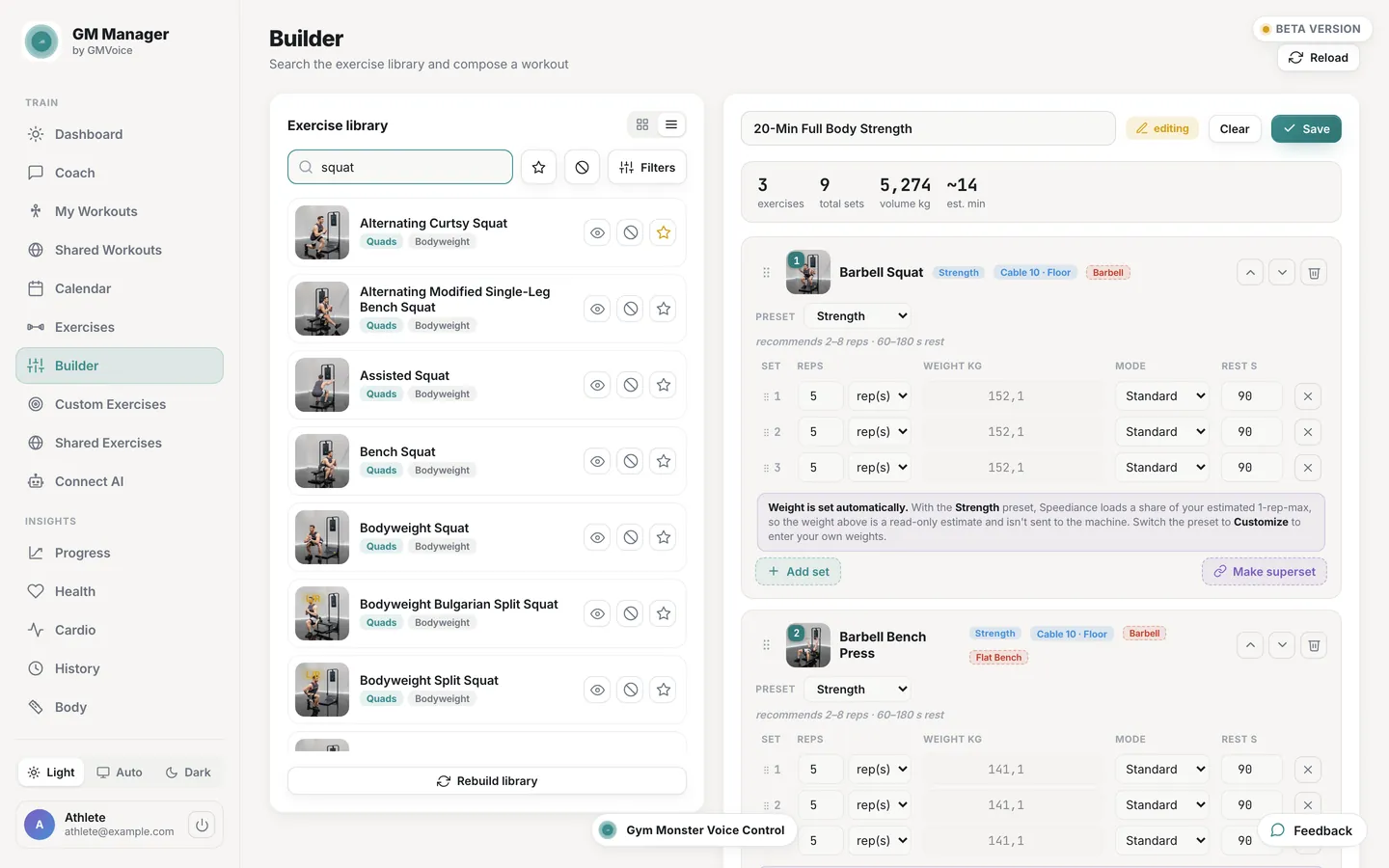 Speediance custom workout builder: exercise library search on the left, a saved workout with sets, reps, weight, rest and mode on the right