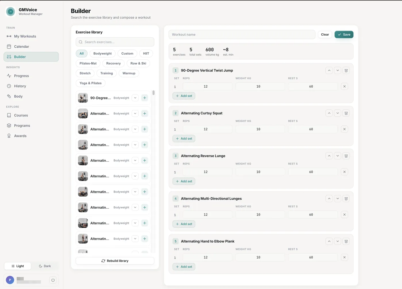 Speediance custom workout builder in GM Manager, with the exercise library on the left and the workout being edited on a laptop screen