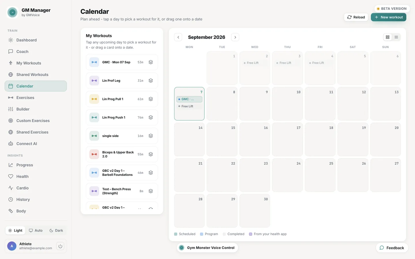 Speediance workout calendar in GM Manager: a full month grid with scheduled and completed sessions, and a list of workouts to drag onto a day