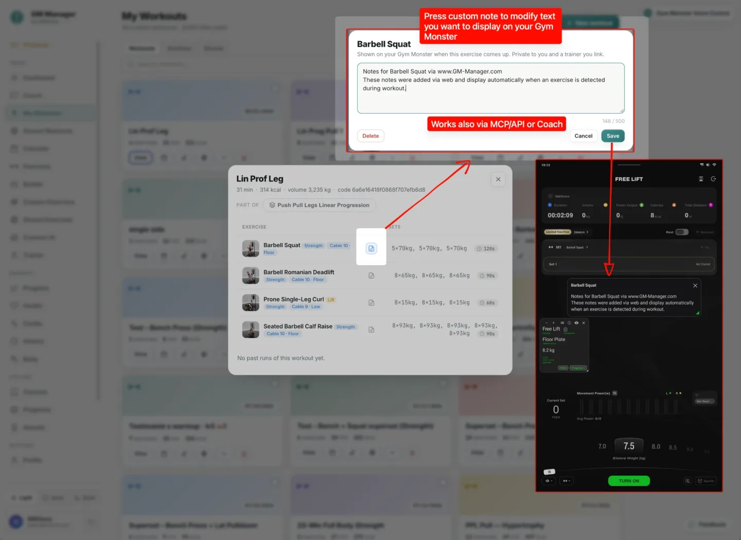 Private exercise note written in the GM Manager web app and the same note shown on the Gym Monster screen during that exercise