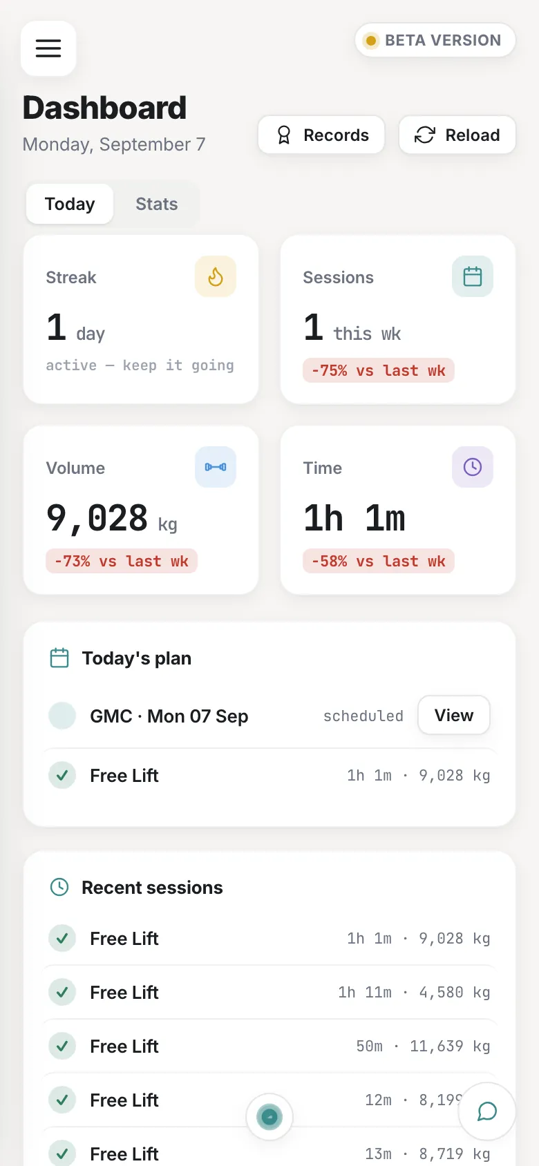 GM Manager on a phone: the Speediance dashboard with streak, sessions, volume, today's plan and recent sessions
