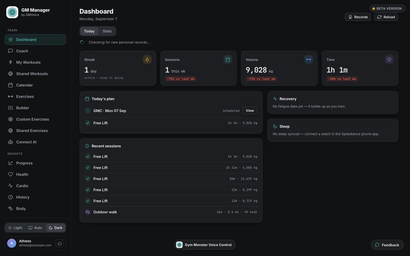 Speediance dashboard in the GM Manager web app, dark theme: training streak, sessions this week, volume in kg, time, today's plan and recent Speediance sessions