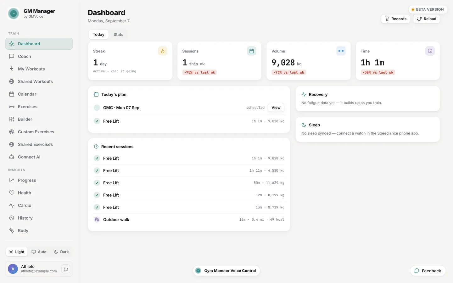 Speediance dashboard in the GM Manager web app: training streak, sessions this week, volume in kg, time, today's plan and recent Speediance sessions